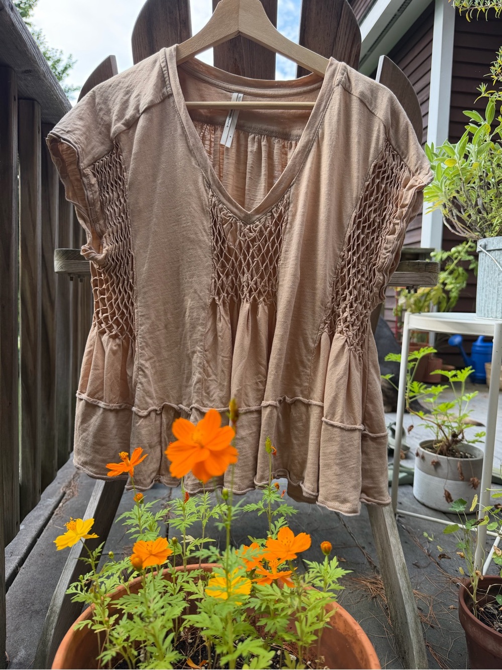 Anthropologie Taupe Smocked V-Neck Shirt M